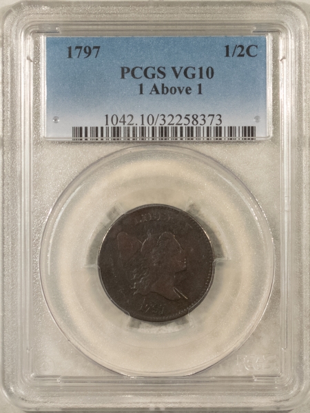 Liberty Cap Half Cents 1797 LIBERTY CAP HALF CENT, 1 ABOVE 1 – PCGS VG-10 – NEAT VARIETY!