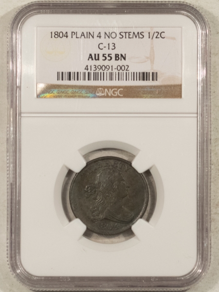 Draped Bust Half Cents 1804 DRAPED BUST HALF CENT, PLAIN 4 NO STEMS C-13 – NGC AU-55 BN SMOOTH, PRETTY!