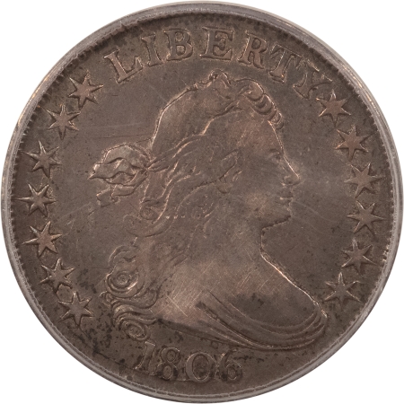 Early Halves 1806 DRAPED BUST HALF DOLLAR, POINTED 6, STEM – PCGS VF-20, ATTRACTIVE!