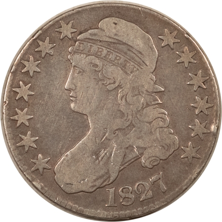 Early Halves 1827 CAPPED BUST HALF DOLLAR, SQUARE BASE 2-DECENT DETAILS, MINOR OBV SCRATCHES!