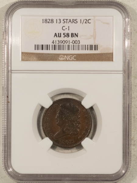 Classic Head Half Cents 1828 13 STARS CLASSIC HEAD HALF CENT, C-1 – NGC AU-58 BN, GLOSSY BROWN!