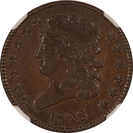 Classic Head Half Cents 1828 13 STARS CLASSIC HEAD HALF CENT, C-1 – NGC AU-58 BN, GLOSSY BROWN!