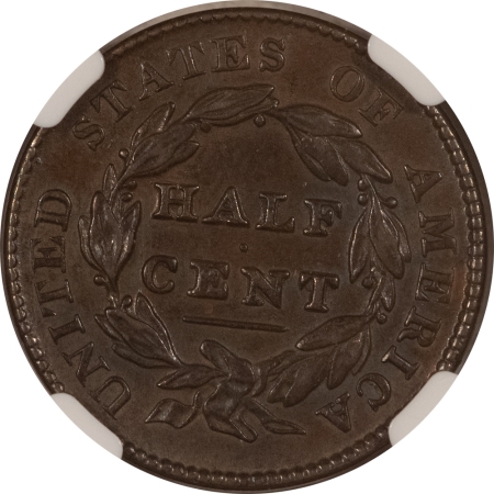 Classic Head Half Cents 1828 13 STARS CLASSIC HEAD HALF CENT, C-1 – NGC AU-58 BN, GLOSSY BROWN!