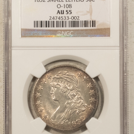 New Store Items 1832 CAPPED BUST HALF DOLLAR, SM LETTERS, O-108 – NGC AU-55, LUSTROUS!