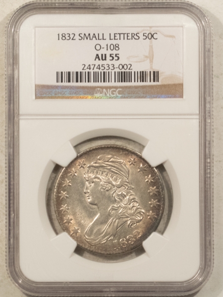 Early Halves 1832 CAPPED BUST HALF DOLLAR, SM LETTERS, O-108 – NGC AU-55, LUSTROUS!