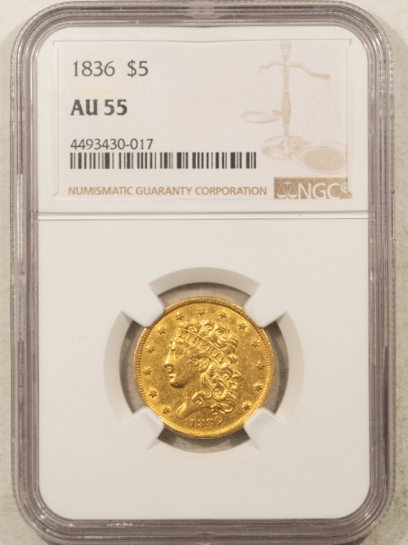 $5 1836 $5 CLASSIC HEAD GOLD HALF EAGLE – NGC AU-55