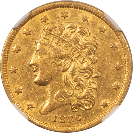 $5 1836 $5 CLASSIC HEAD GOLD HALF EAGLE – NGC AU-55