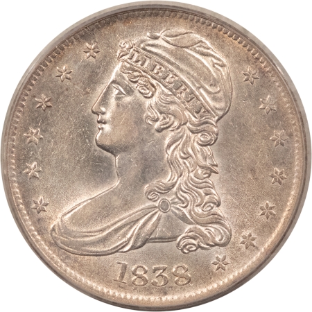 Early Halves 1838 CAPPED BUST HALF DOLLAR, REEDED EDGE – PCGS AU-53, LUSTROUS!