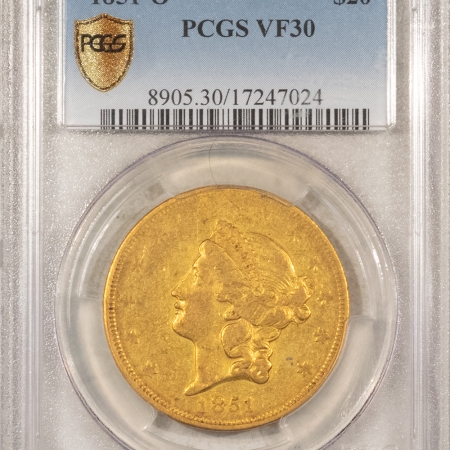 $20 1851-O $20 LIBERTY GOLD DBL EAGLE – PCGS VF-30, AFFORDABLE NEW ORLEANS ORIGINAL!