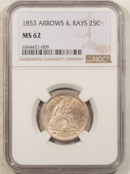 Liberty Seated Quarters 1853 SEATED LIBERTY QUARTER, ARROWS/RAYS – NGC MS-62, LUSTROUS TYPE COIN!