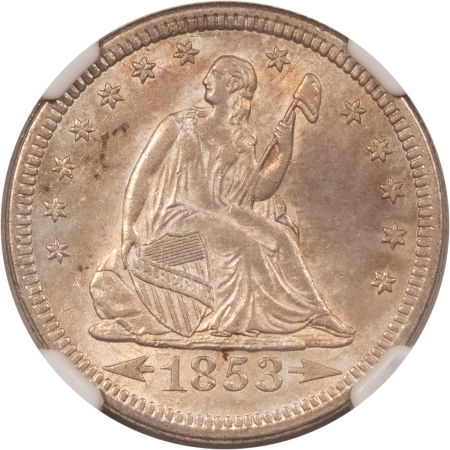 Liberty Seated Quarters 1853 SEATED LIBERTY QUARTER, ARROWS/RAYS – NGC MS-62, LUSTROUS TYPE COIN!