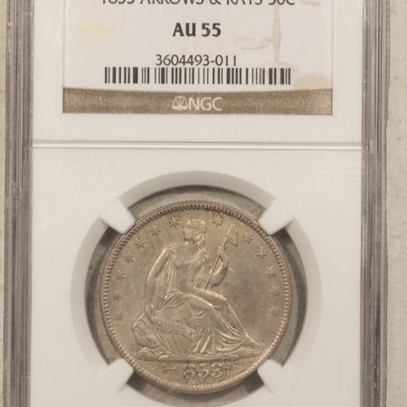 New Store Items 1853 SEATED LIBERTY HALF DOLLAR, ARROWS/RAYS – NGC AU-55, SMOOTH!