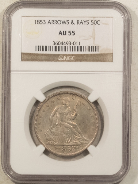 Liberty Seated Halves 1853 SEATED LIBERTY HALF DOLLAR, ARROWS/RAYS – NGC AU-55, SMOOTH!