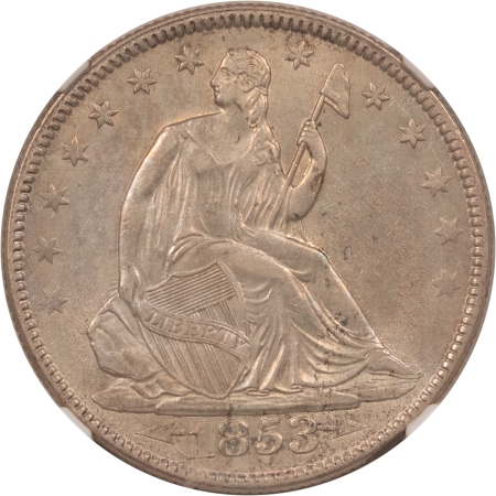 Liberty Seated Halves 1853 SEATED LIBERTY HALF DOLLAR, ARROWS/RAYS – NGC AU-55, SMOOTH!