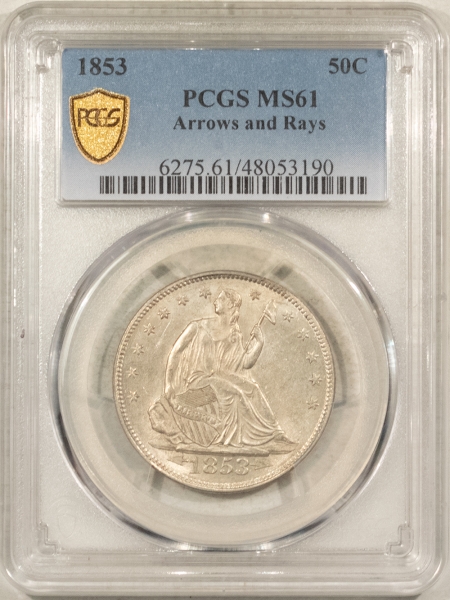 Liberty Seated Halves 1853 ARROWS & RAYS LIBERTY SEATED HALF DOLLAR – PCGS MS-61, FLASHY & PQ!