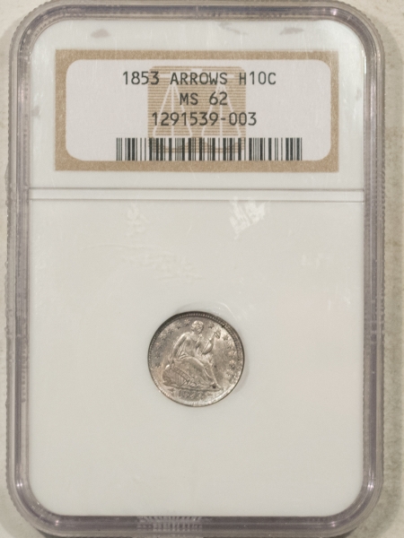 Liberty Seated Half Dimes 1853 SEATED LIBERTY HALF DIME, ARROWS – NGC MS-62, FRESH & PREMIUM QUALITY!