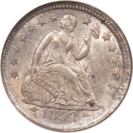 Liberty Seated Half Dimes 1853 SEATED LIBERTY HALF DIME, ARROWS – NGC MS-62, FRESH & PREMIUM QUALITY!