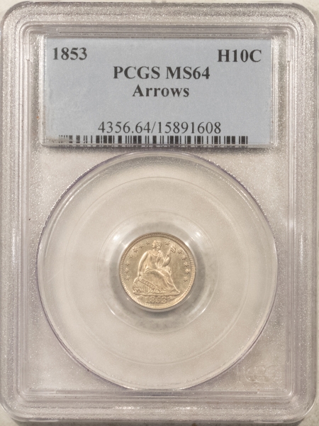 Liberty Seated Half Dimes 1853 SEATED LIBERTY HALF DIME, ARROWS – PCGS MS-64, FLASHY & PREMIUM QUALITY!