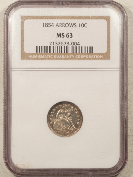 Liberty Seated Dimes 1854 SEATED LIBERTY DIME, ARROWS – NGC MS-63, CHOICE!