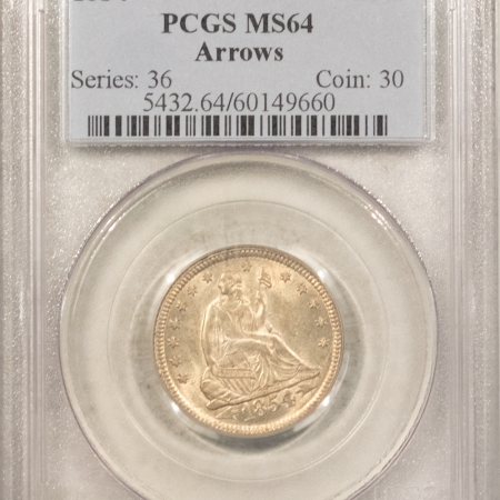 Liberty Seated Quarters 1854 SEATED LIBERTY QUARTER, ARROWS – PCGS MS-64, FRESH, WHITE & LUSTROUS!