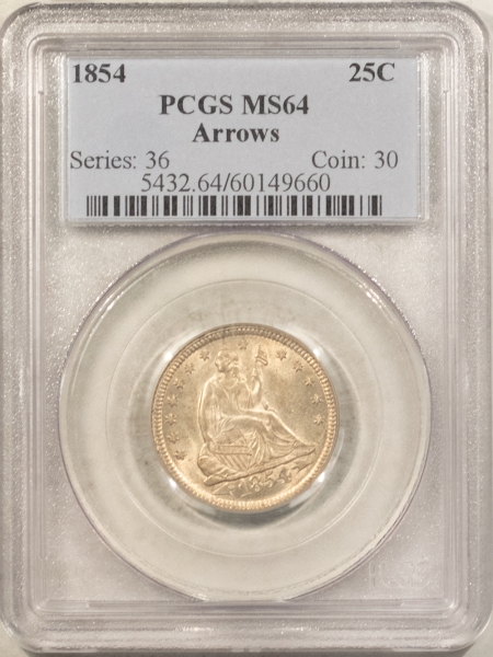 Liberty Seated Quarters 1854 SEATED LIBERTY QUARTER, ARROWS – PCGS MS-64, FRESH, WHITE & LUSTROUS!