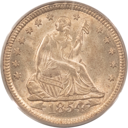 Liberty Seated Quarters 1854 SEATED LIBERTY QUARTER, ARROWS – PCGS MS-64, FRESH, WHITE & LUSTROUS!