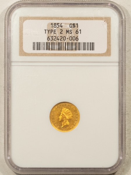 $1 1854 TYPE 2 $1 GOLD DOLLAR – NGC MS-61, TOUGH TYPE COIN IN MINT STATE