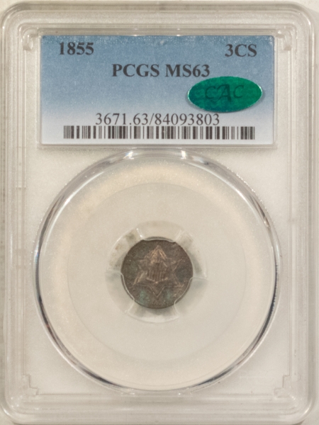 CAC Approved Coins 1855 THREE CENT SILVER – PCGS MS-63, PRETTY, PREMIUM QUALITY & CAC APPROVED!