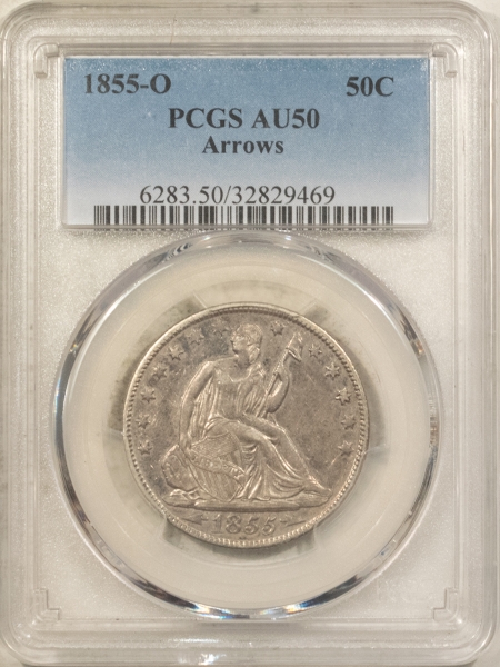 Liberty Seated Halves 1855-O SEATED LIBERTY HALF DOLLAR, ARROWS – PCGS AU-50