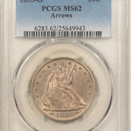 Liberty Seated Halves 1855-O SEATED LIBERTY HALF DOLLAR, ARROWS – PCGS MS-62, FRESH, ORIGINAL & BU!