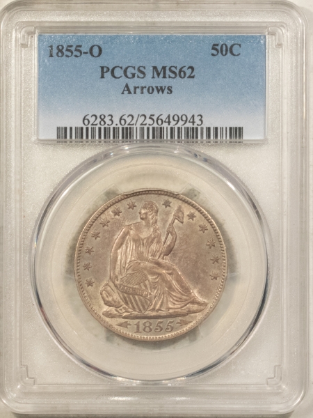 Liberty Seated Halves 1855-O SEATED LIBERTY HALF DOLLAR, ARROWS – PCGS MS-62, FRESH, ORIGINAL & BU!