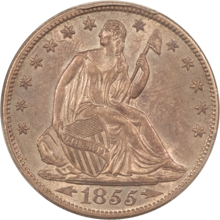 Liberty Seated Halves 1855-O SEATED LIBERTY HALF DOLLAR, ARROWS – PCGS MS-62, FRESH, ORIGINAL & BU!