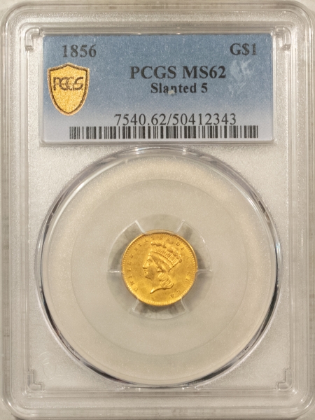 $1 1856 TYPE 3 $1 GOLD DOLLAR, SLANTED 5 – PCGS MS-62!