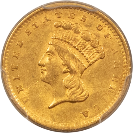 $1 1856 TYPE 3 $1 GOLD DOLLAR, SLANTED 5 – PCGS MS-62!