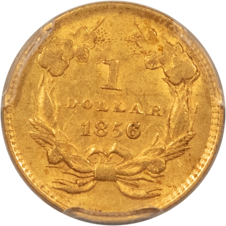 $1 1856 TYPE 3 $1 GOLD DOLLAR, SLANTED 5 – PCGS MS-62!