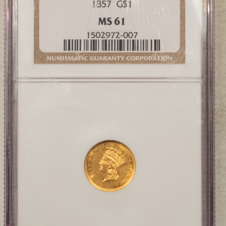 $1 1857 $1 GOLD DOLLAR, TYPE 3 – NGC MS-61, FLASHY!