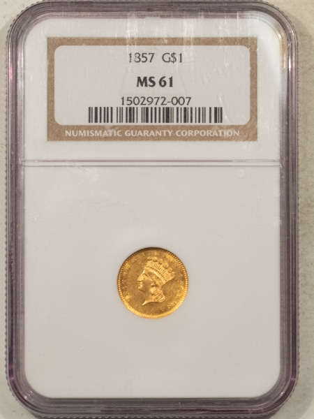 $1 1857 $1 GOLD DOLLAR, TYPE 3 – NGC MS-61, FLASHY!