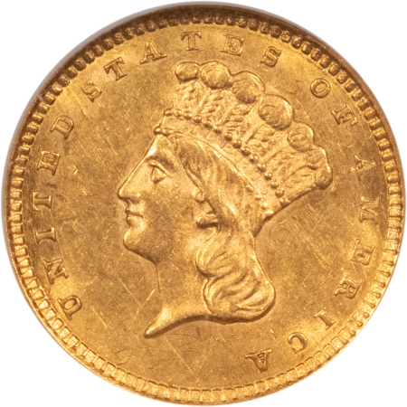 $1 1857 $1 GOLD DOLLAR, TYPE 3 – NGC MS-61, FLASHY!