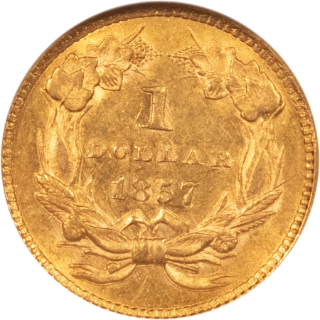 $1 1857 $1 GOLD DOLLAR, TYPE 3 – NGC MS-61, FLASHY!