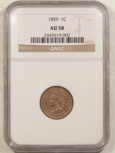 Indian 1859 INDIAN CENT – NGC AU-58, LUSTROUS! LOOKS UNC!