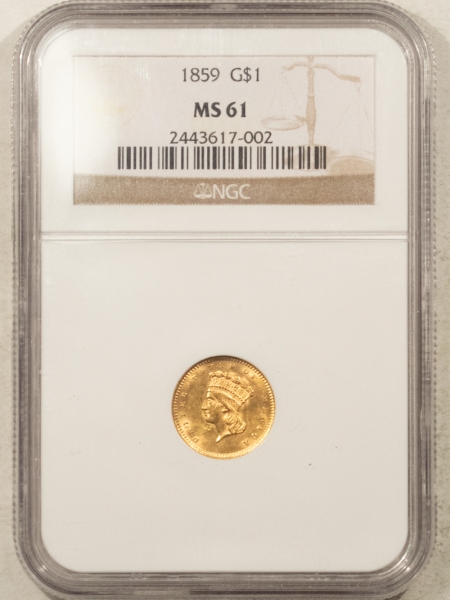 $1 1859 $1 GOLD DOLLAR – NGC MS-61, FLASHY LUSTROUS