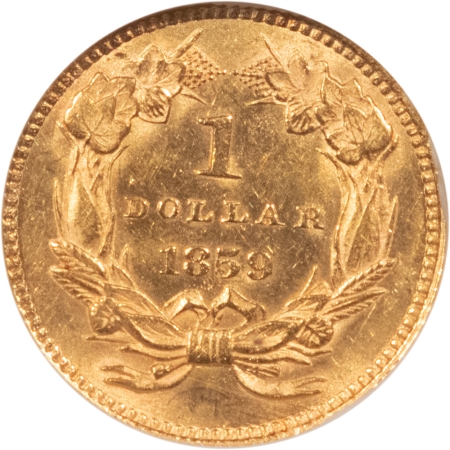 $1 1859 $1 GOLD DOLLAR – NGC MS-61, FLASHY LUSTROUS