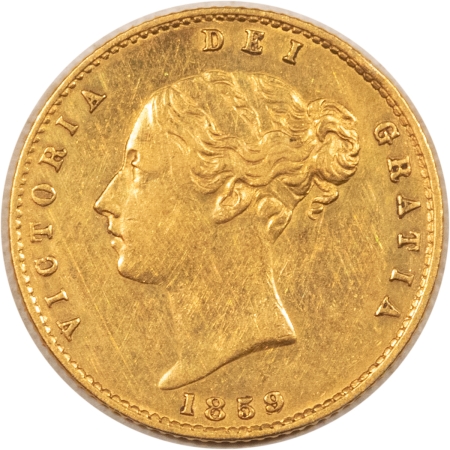 Bullion 1859 GREAT BRITAIN GOLD 1/2 SOVEREIGN, KM-735.1 .1177 AGW – HIGH GRADE EXAMPLE!