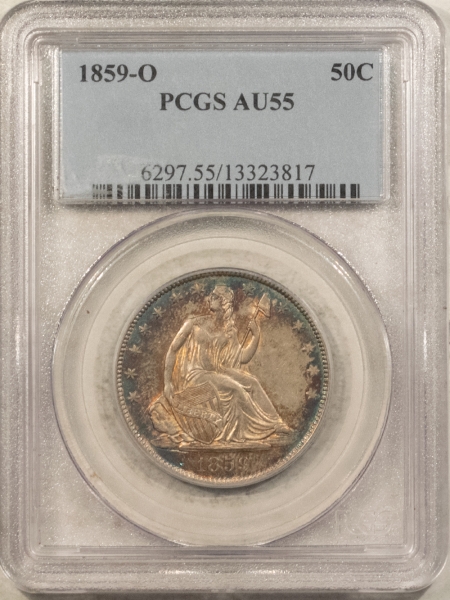 Liberty Seated Halves 1859-O SEATED LIBERTY HALF DOLLAR – PCGS AU-55, REALLY PRETTY!