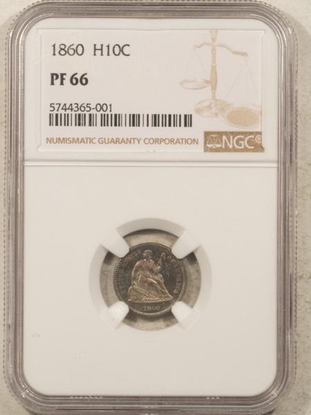 Liberty Seated Half Dimes 1860 PROOF SEATED LIBERTY HALF DIME – NGC PF-66, PRETTY ORIGINAL!