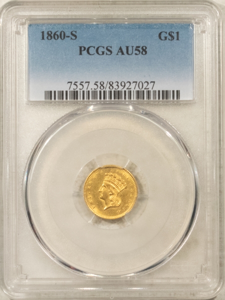 $1 1860-S $1 GOLD DOLLAR – PCGS AU-58, RARE!