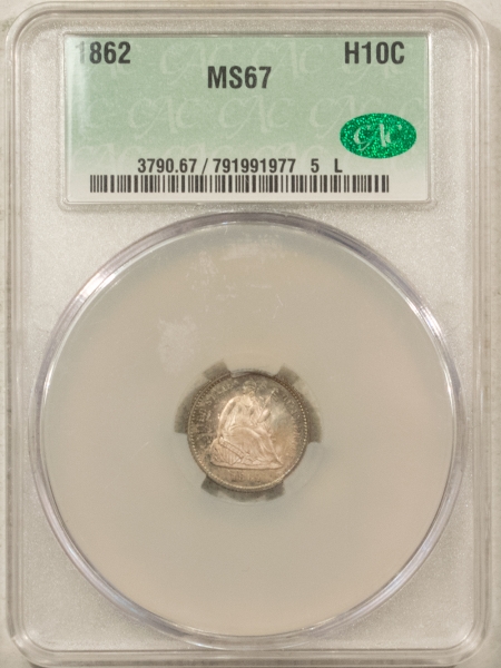 CAC Approved Coins 1862 SEATED LIBERTY HALF DIME – CACG MS-67, GORGEOUS! SUPERB GEM!