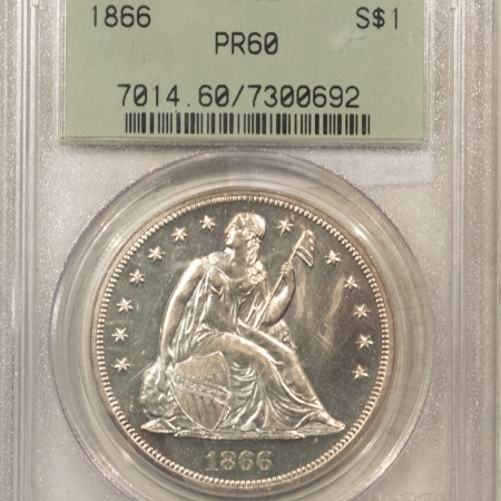 Liberty Seated Dollars 1866 $1 MOTTO PROOF SEATED LIBERTY DOLLAR – PCGS PR-60, WHITE! OLD GREEN HOLDER!