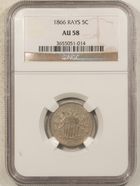 New Certified Coins 1866 SHIELD NICKEL, RAYS – NGC AU-58, FRESH & ORIGINAL!