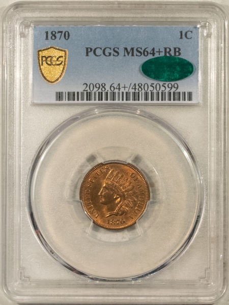 CAC Approved Coins 1870 INDIAN CENT – PCGS MS-64+ RB, NEAR FULL RED, PREMIUM QUALITY, CAC APPROVED!